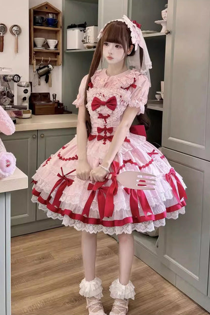 Lolita Jumper Skirt - Scarlet Heart Cocoa, 2 Colors, Bow Detail, Lace Trim, Ruffled - additional product view 3