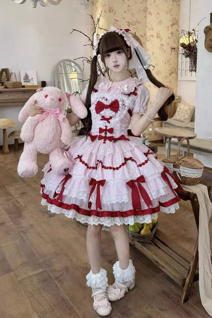 Lolita Jumper Skirt - Scarlet Heart Cocoa, 2 Colors, Bow Detail, Lace Trim, Ruffled - additional product view 4