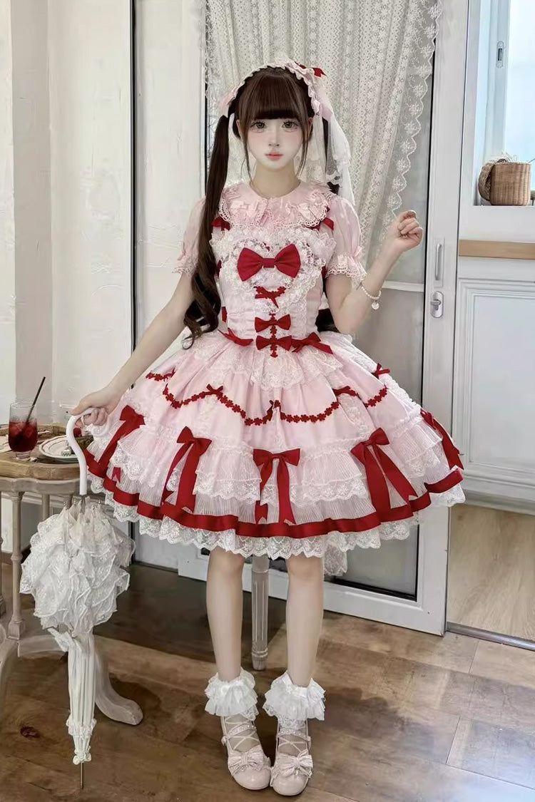 Lolita Jumper Skirt - Scarlet Heart Cocoa, 2 Colors, Bow Detail, Lace Trim, Ruffled - additional product view 5