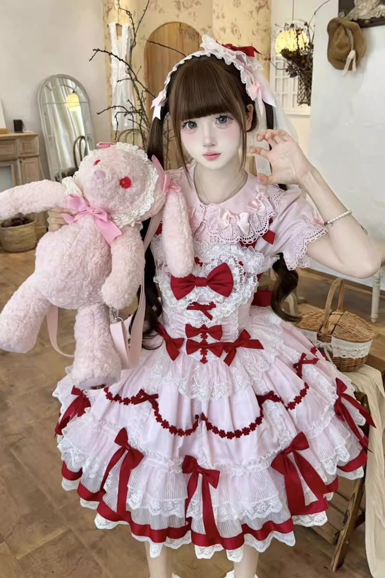 Lolita Jumper Skirt - Scarlet Heart Cocoa, 2 Colors, Bow Detail, Lace Trim, Ruffled - additional product view 6