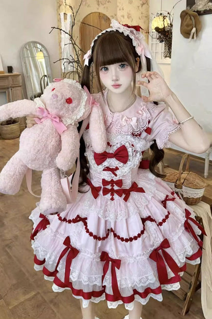 Lolita Jumper Skirt - Scarlet Heart Cocoa, 2 Colors, Bow Detail, Lace Trim, Ruffled - additional product view 6