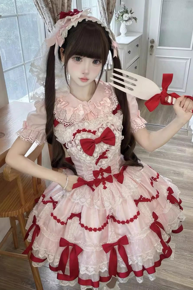 Lolita Jumper Skirt - Scarlet Heart Cocoa, 2 Colors, Bow Detail, Lace Trim, Ruffled - additional product view 7