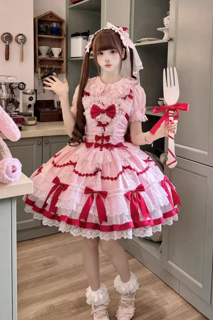 Lolita Jumper Skirt - Scarlet Heart Cocoa, 2 Colors, Bow Detail, Lace Trim, Ruffled - main product image