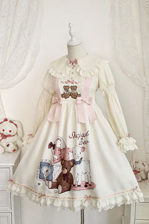 Lolita Jumper Skirt - Sheep & Bear Print Alice Girl, Ivory, Sweet Style, Bow Detail - additional product view 2
