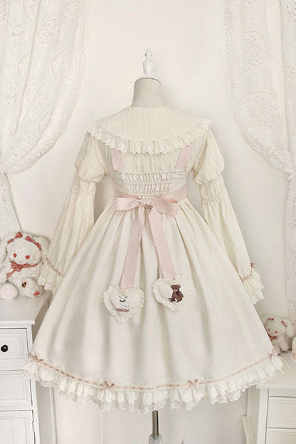 Lolita Jumper Skirt - Sheep & Bear Print Alice Girl, Ivory, Sweet Style, Bow Detail - additional product view 3