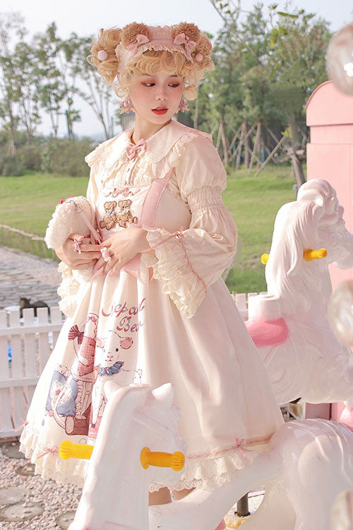 Lolita Jumper Skirt - Sheep & Bear Print Alice Girl, Ivory, Sweet Style, Bow Detail - additional product view 4