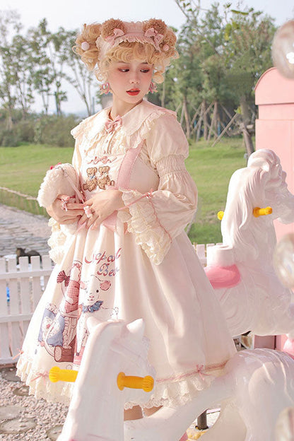 Lolita Jumper Skirt - Sheep & Bear Print Alice Girl, Ivory, Sweet Style, Bow Detail - additional product view 4