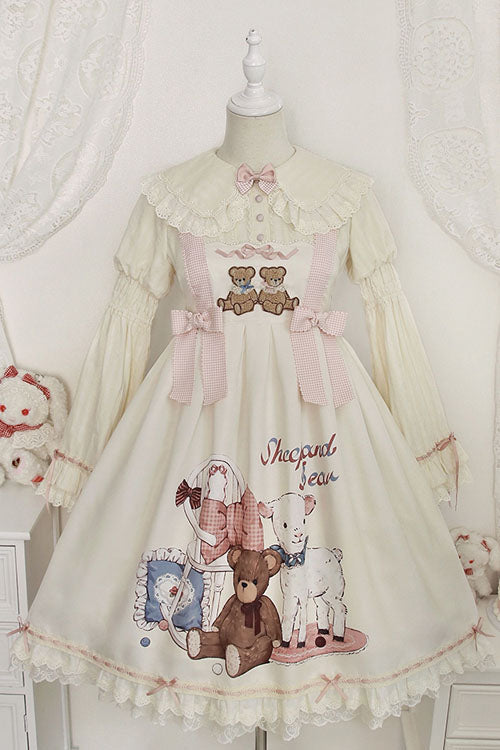 Lolita Jumper Skirt - Sheep & Bear Print Alice Girl, Ivory, Sweet Style, Bow Detail - main product image