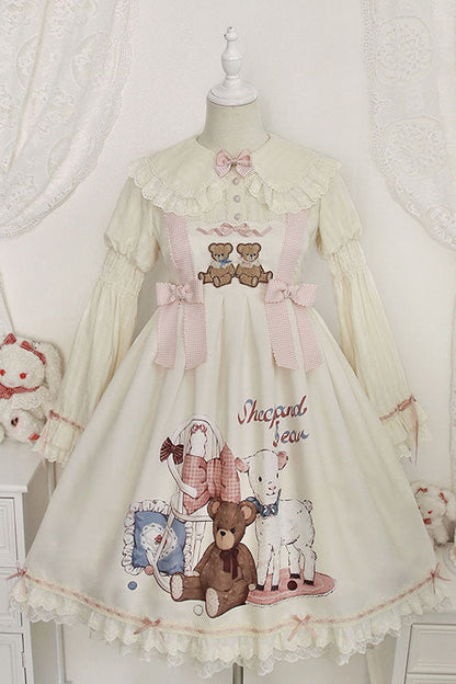 Lolita Jumper Skirt - Sheep & Bear Print Alice Girl, Ivory, Sweet Style, Bow Detail - main product image