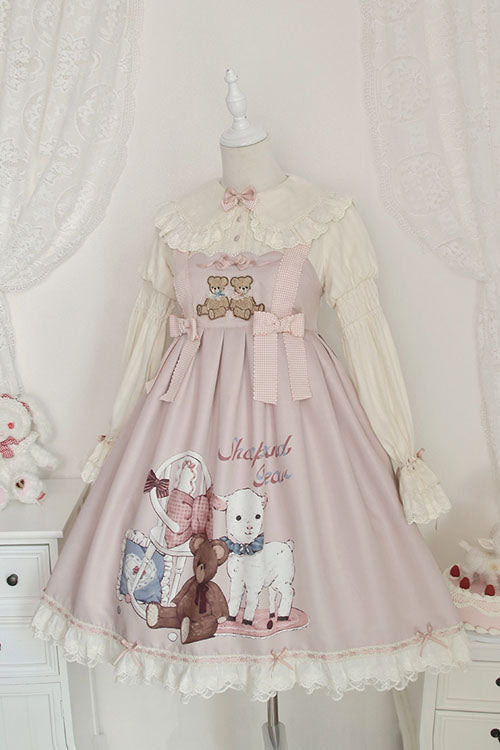 Lolita Jumper Skirt - Sheep & Bear Print Alice Girl, Pink, Sweet Style, Bow Detail - additional product view 2