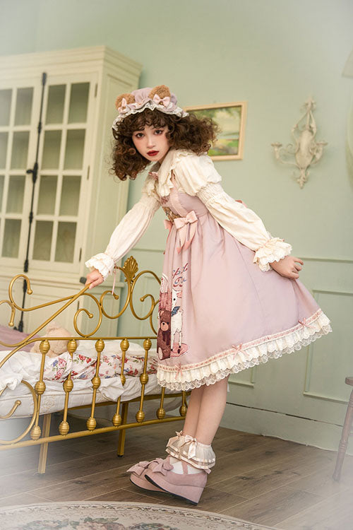 Lolita Jumper Skirt - Sheep & Bear Print Alice Girl, Pink, Sweet Style, Bow Detail - additional product view 4