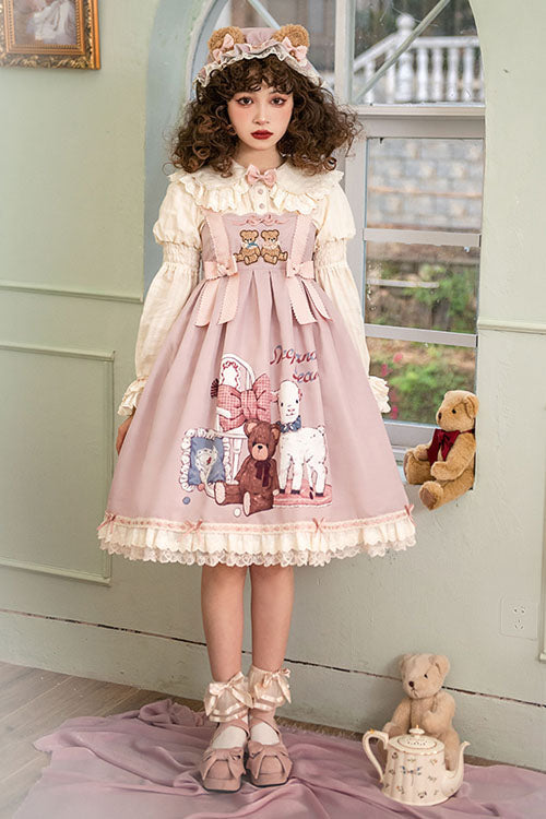 Lolita Jumper Skirt - Sheep & Bear Print Alice Girl, Pink, Sweet Style, Bow Detail - additional product view 5