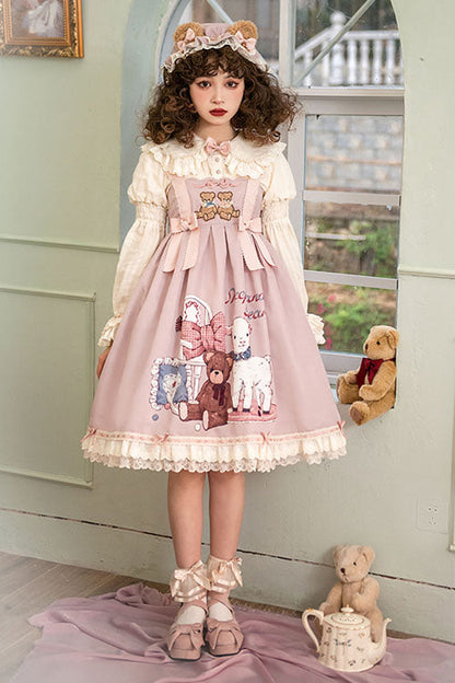 Lolita Jumper Skirt - Sheep & Bear Print Alice Girl, Pink, Sweet Style, Bow Detail - additional product view 5