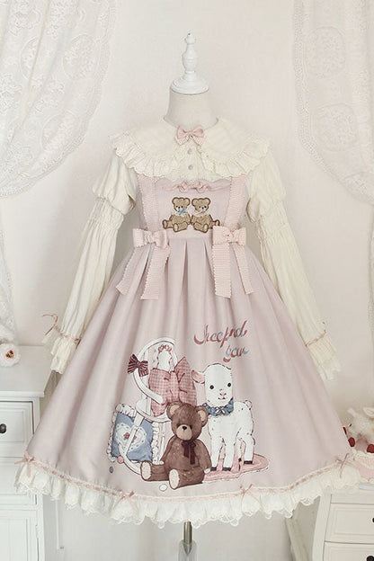 Lolita Jumper Skirt - Sheep & Bear Print Alice Girl, Pink, Sweet Style, Bow Detail - main product image