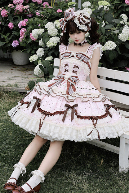 Lolita Jumper Skirt - Shengqiao Tata, Pink, Lace Trim, Ruffled, Printed - additional product view 4