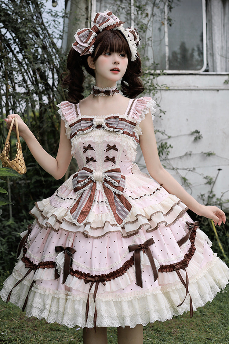 Lolita Jumper Skirt - Shengqiao Tata, Pink, Lace Trim, Ruffled, Printed - main product image