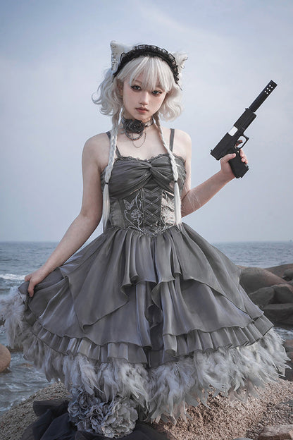 Lolita Jumper Skirt - Silver Gray, 2 Colors, Ballet-Inspired Style, Bow Detail, Ruffled - additional product view 2