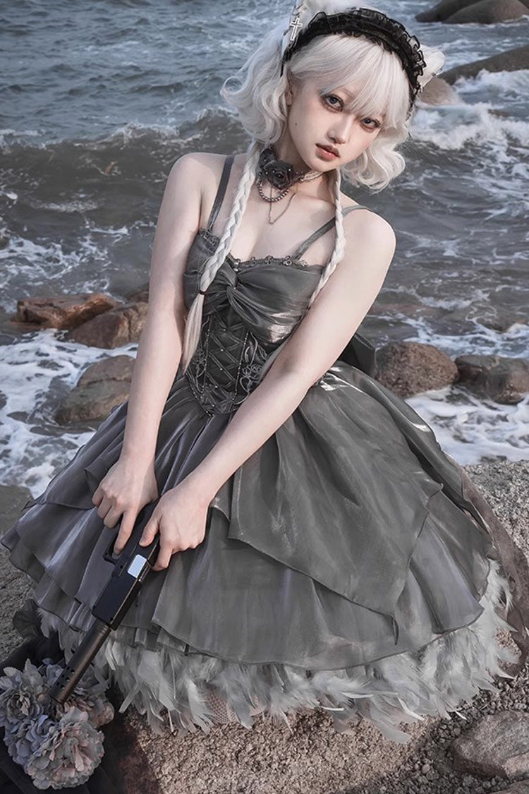 Lolita Jumper Skirt - Silver Gray, 2 Colors, Ballet-Inspired Style, Bow Detail, Ruffled - additional product view 3