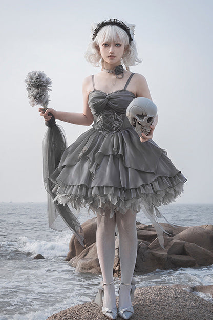 Lolita Jumper Skirt - Silver Gray, 2 Colors, Ballet-Inspired Style, Bow Detail, Ruffled - additional product view 4