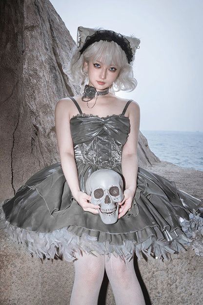 Lolita Jumper Skirt - Silver Gray, 2 Colors, Ballet-Inspired Style, Bow Detail, Ruffled - additional product view 5
