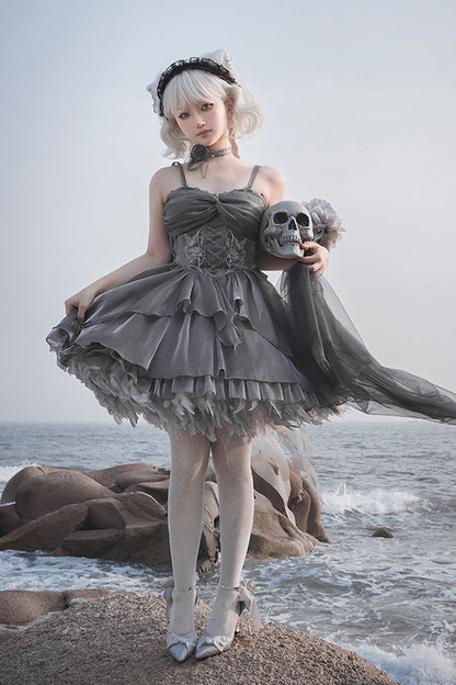 Lolita Jumper Skirt - Silver Gray, 2 Colors, Ballet-Inspired Style, Bow Detail, Ruffled - additional product view 6