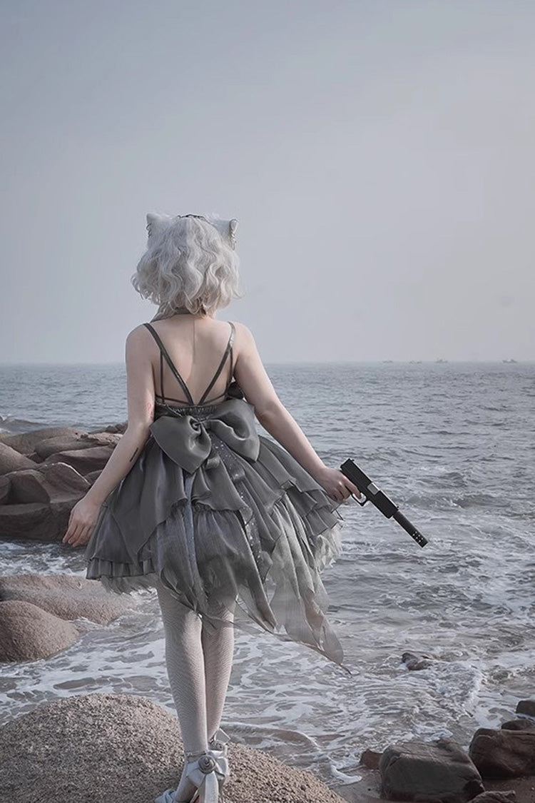 Lolita Jumper Skirt - Silver Gray, 2 Colors, Ballet-Inspired Style, Bow Detail, Ruffled - additional product view 7