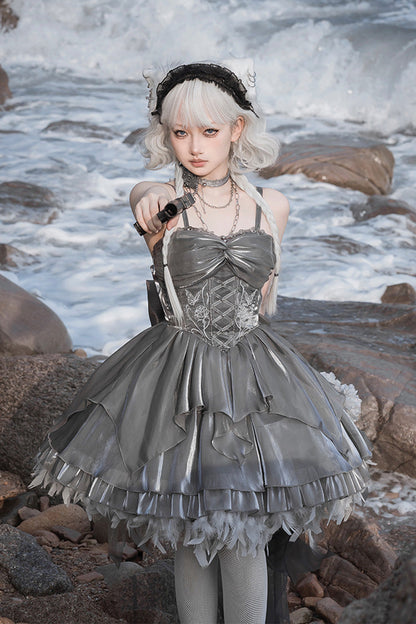 Lolita Jumper Skirt - Silver Gray, 2 Colors, Ballet-Inspired Style, Bow Detail, Ruffled - main product image