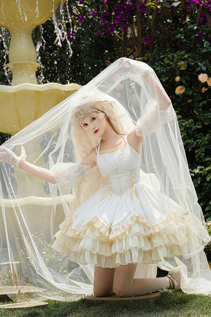 Lolita Jumper Skirt - Slim Ballet Style Multi-layer, White, Sweet Style, Ruffled - additional product view 3