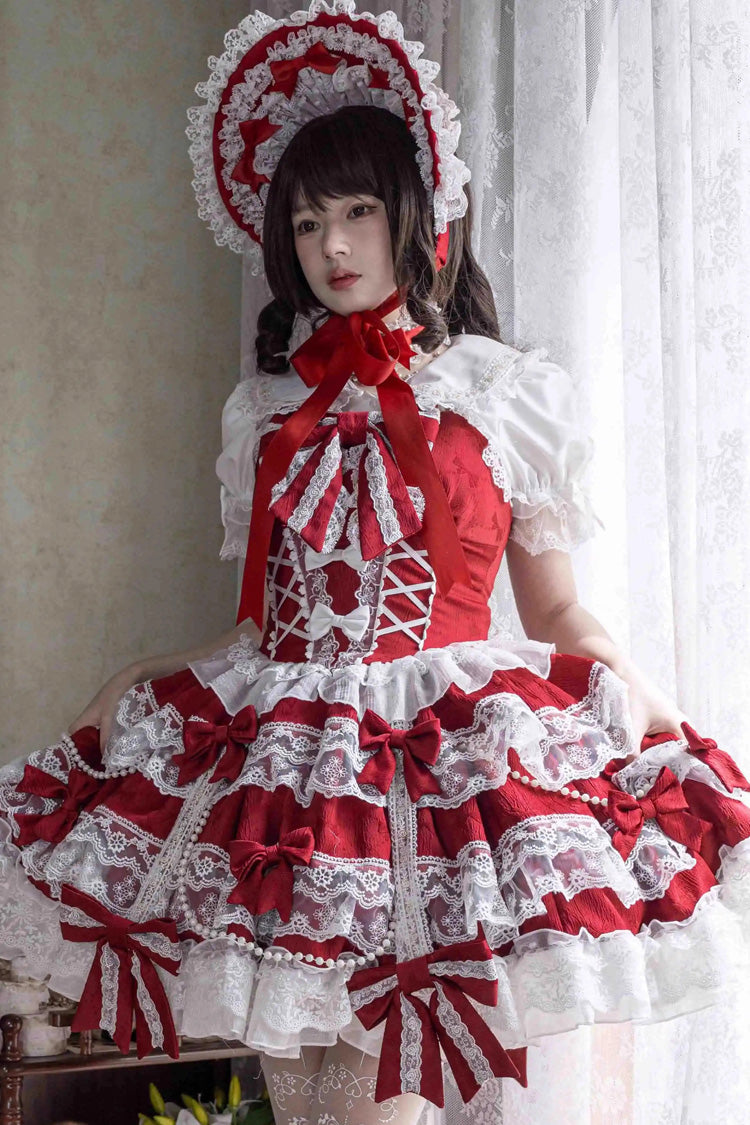 Lolita Jumper Skirt - Small Cakes, Red, Layered, Sweet Style, Bow Detail - additional product view 2