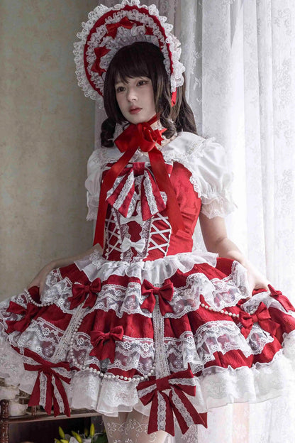 Lolita Jumper Skirt - Small Cakes, Red, Layered, Sweet Style, Bow Detail - additional product view 2