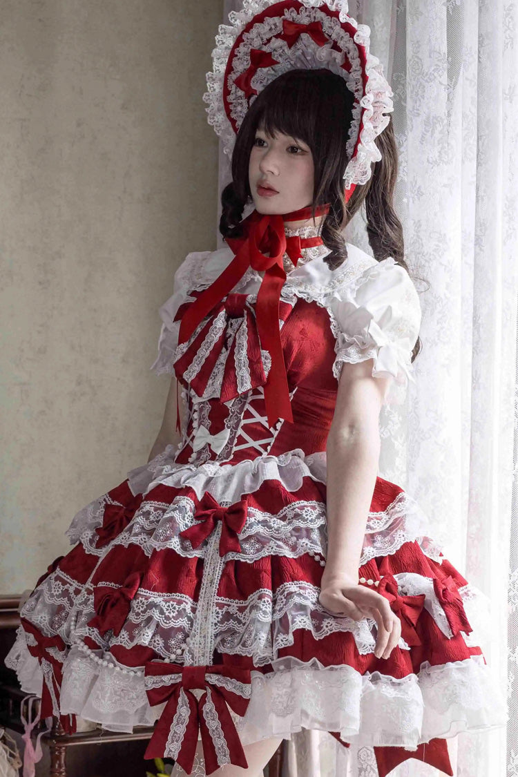 Lolita Jumper Skirt - Small Cakes, Red, Layered, Sweet Style, Bow Detail - additional product view 3