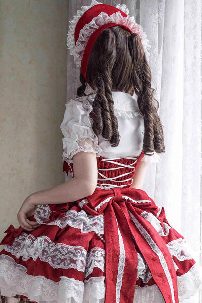 Lolita Jumper Skirt - Small Cakes, Red, Layered, Sweet Style, Bow Detail - additional product view 5