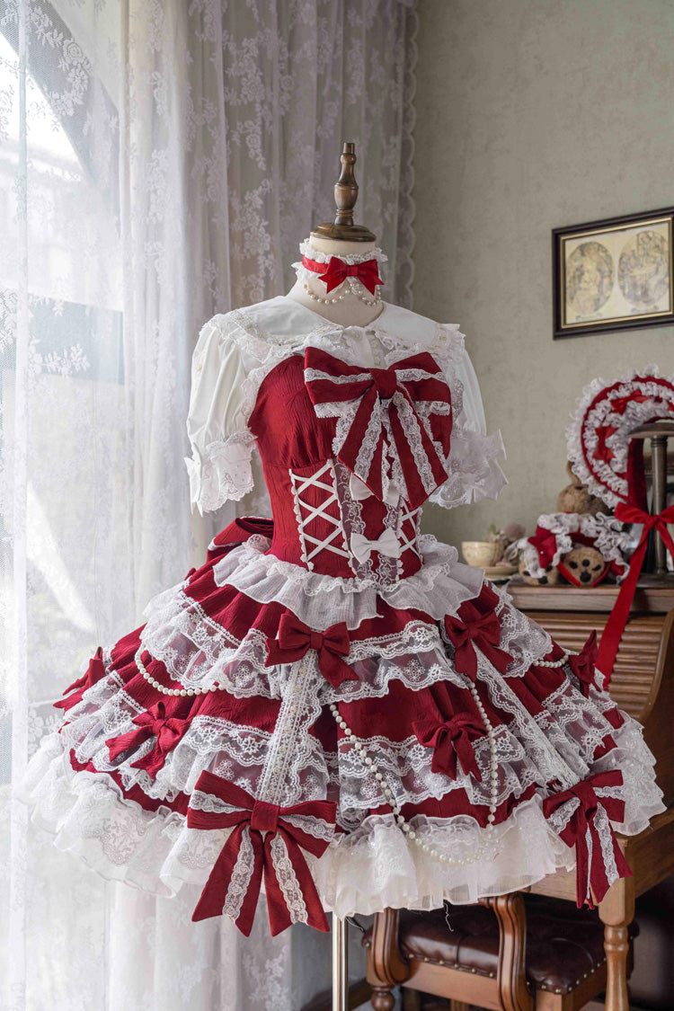 Lolita Jumper Skirt - Small Cakes, Red, Layered, Sweet Style, Bow Detail - main product image