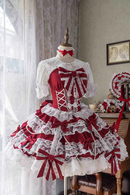 Lolita Jumper Skirt - Small Cakes, Red, Layered, Sweet Style, Bow Detail - main product image