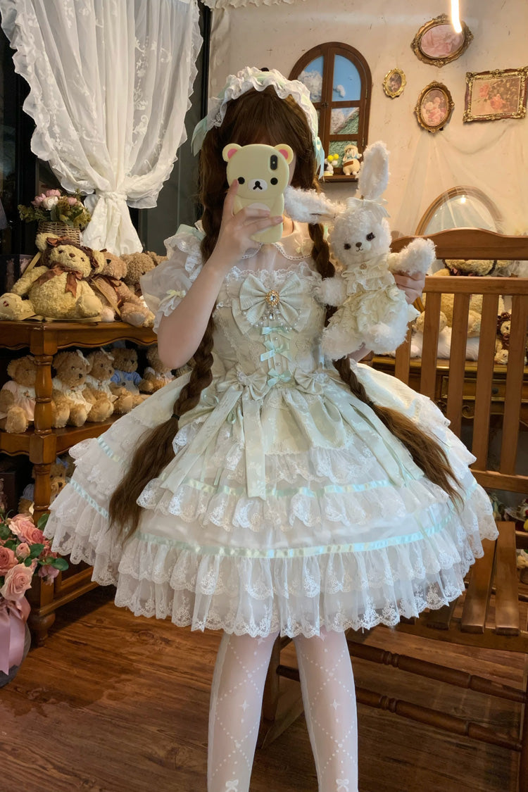 Lolita Jumper Skirt - Snow Kissed Romance, Green, High Waist, Layered, Sweet Style - main product image