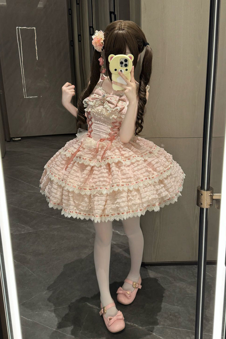 Lolita Jumper Skirt - Song Of Floral Letters, Pink, Lace-Up, Sweet Style, Bow Detail - additional product view 2