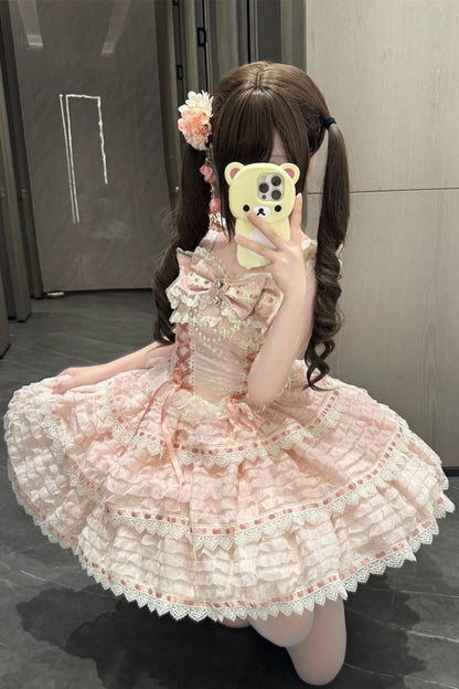 Lolita Jumper Skirt - Song Of Floral Letters, Pink, Lace-Up, Sweet Style, Bow Detail - additional product view 3
