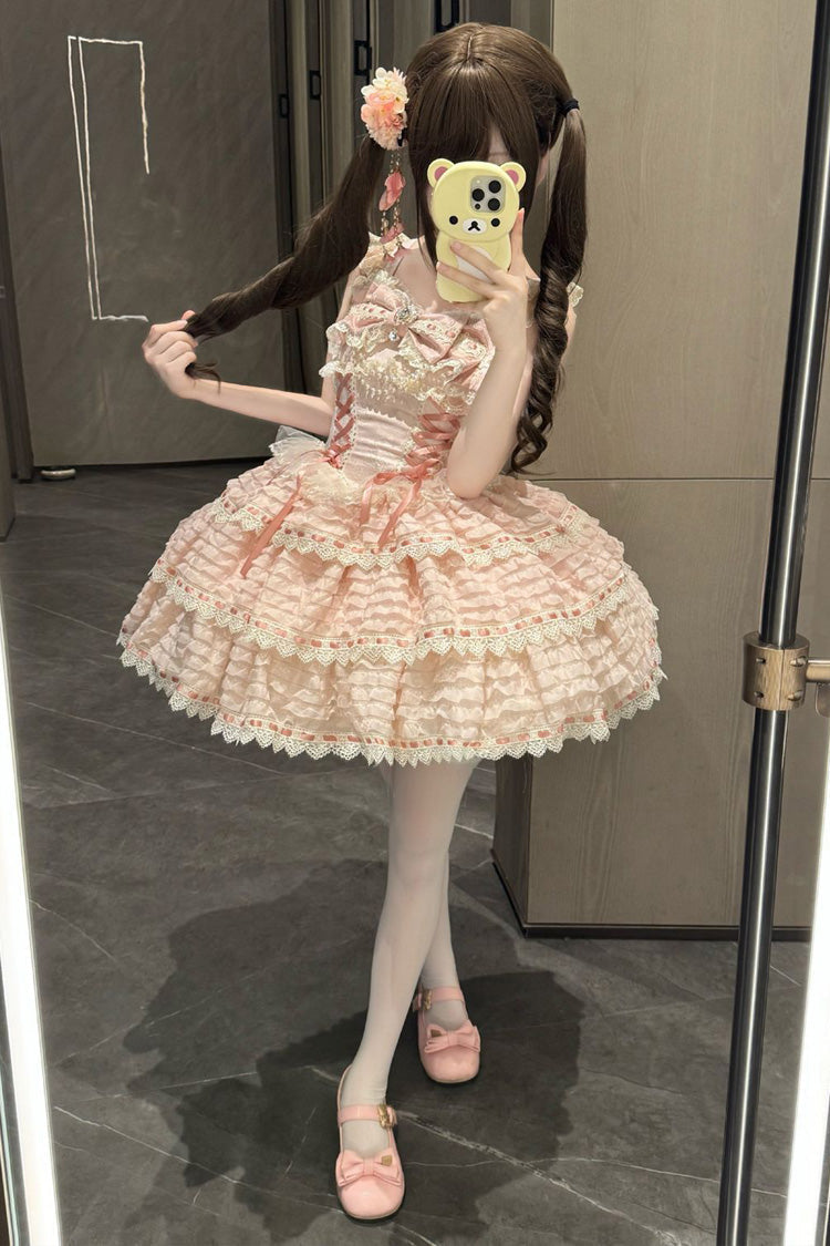 Lolita Jumper Skirt - Song Of Floral Letters, Pink, Lace-Up, Sweet Style, Bow Detail - additional product view 4