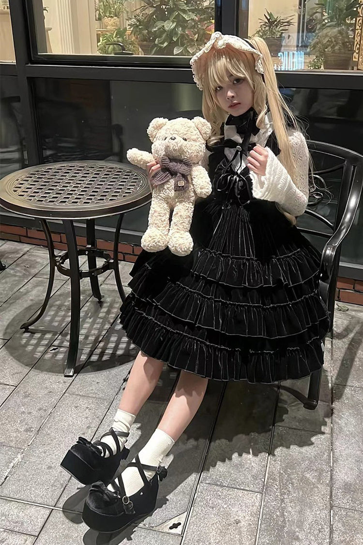Lolita Jumper Skirt - Sponge Cake, 2 Colors, Layered, Lace-Up, Gothic Style - additional product view 6