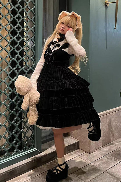Lolita Jumper Skirt - Sponge Cake, 2 Colors, Layered, Lace-Up, Gothic Style - S Black / L Black option