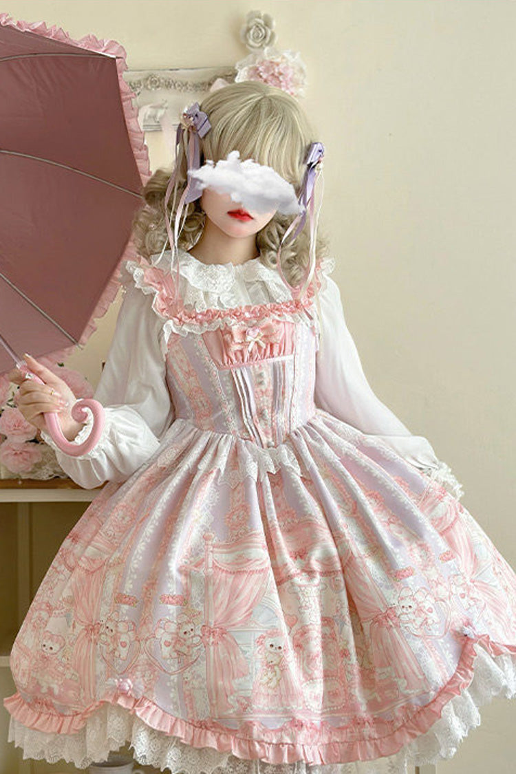 Lolita Jumper Skirt - Square Collar Printed Ruffled, Pink, Square Collar, Sweet Style - additional product view 2