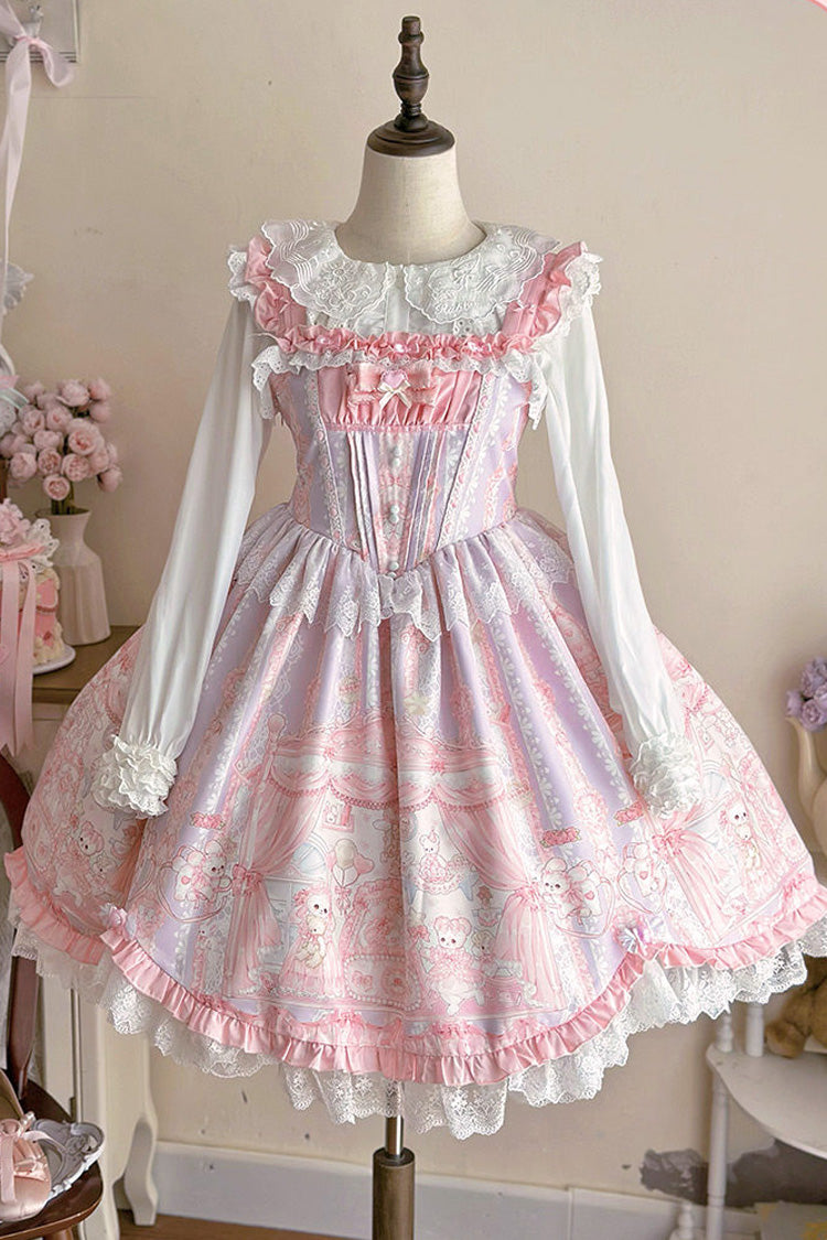 Lolita Jumper Skirt - Square Collar Printed Ruffled, Pink, Square Collar, Sweet Style - additional product view 3
