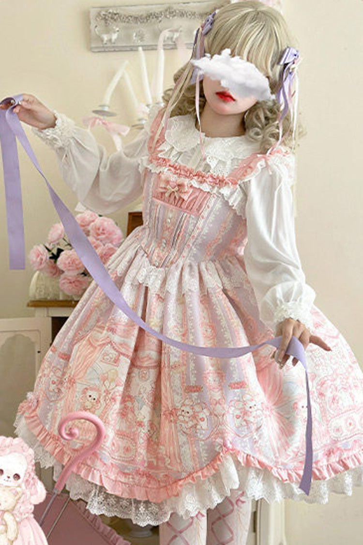 Lolita Jumper Skirt - Square Collar Printed Ruffled, Pink, Square Collar, Sweet Style - additional product view 4