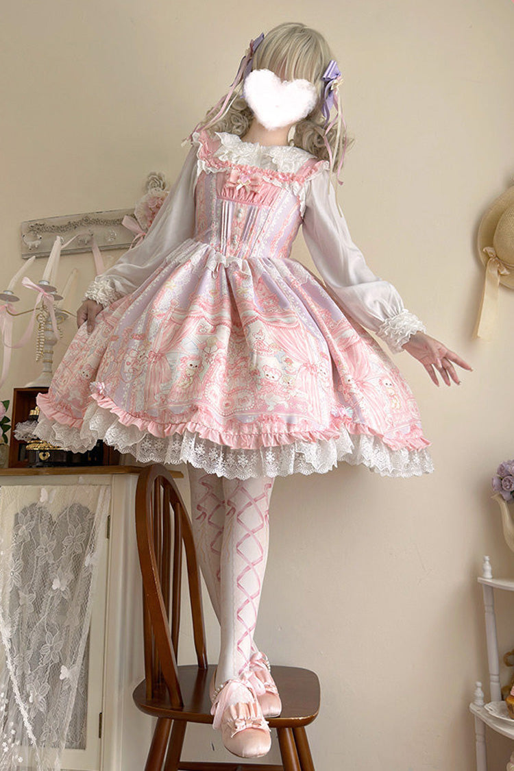 Lolita Jumper Skirt - Square Collar Printed Ruffled, Pink, Square Collar, Sweet Style - additional product view 5