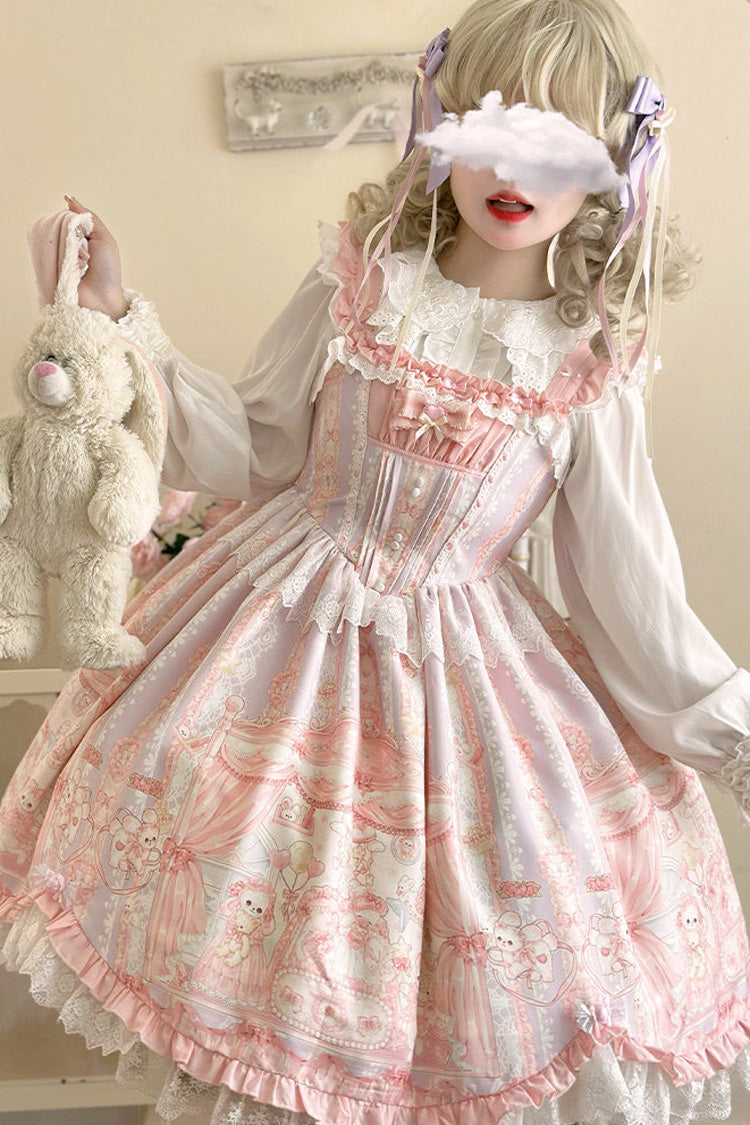 Lolita Jumper Skirt - Square Collar Printed Ruffled, Pink, Square Collar, Sweet Style - additional product view 6