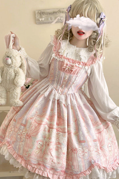 Lolita Jumper Skirt - Square Collar Printed Ruffled, Pink, Square Collar, Sweet Style - additional product view 6