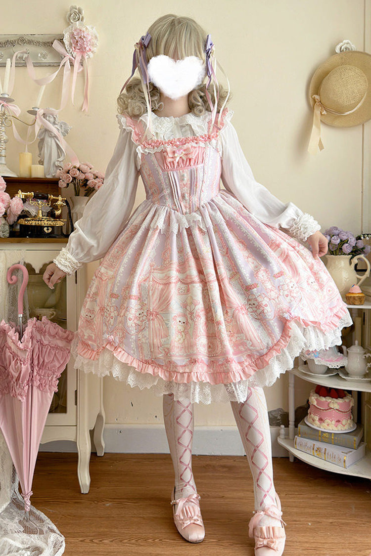 Lolita Jumper Skirt - Square Collar Printed Ruffled, Pink, Square Collar, Sweet Style - main product image