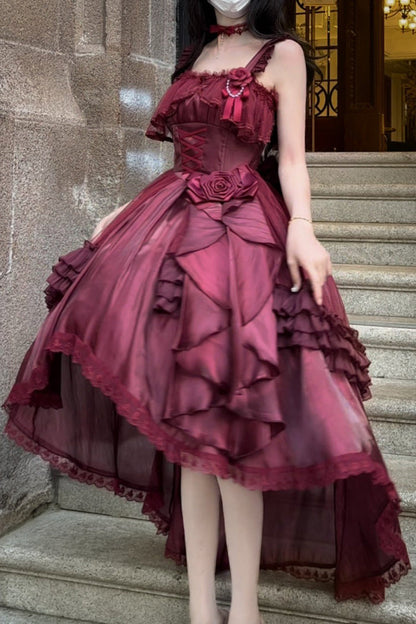 Lolita Jumper Skirt - Square Collar Ruffled Bow, Red, Square Collar, Lace-Up - additional product view 2