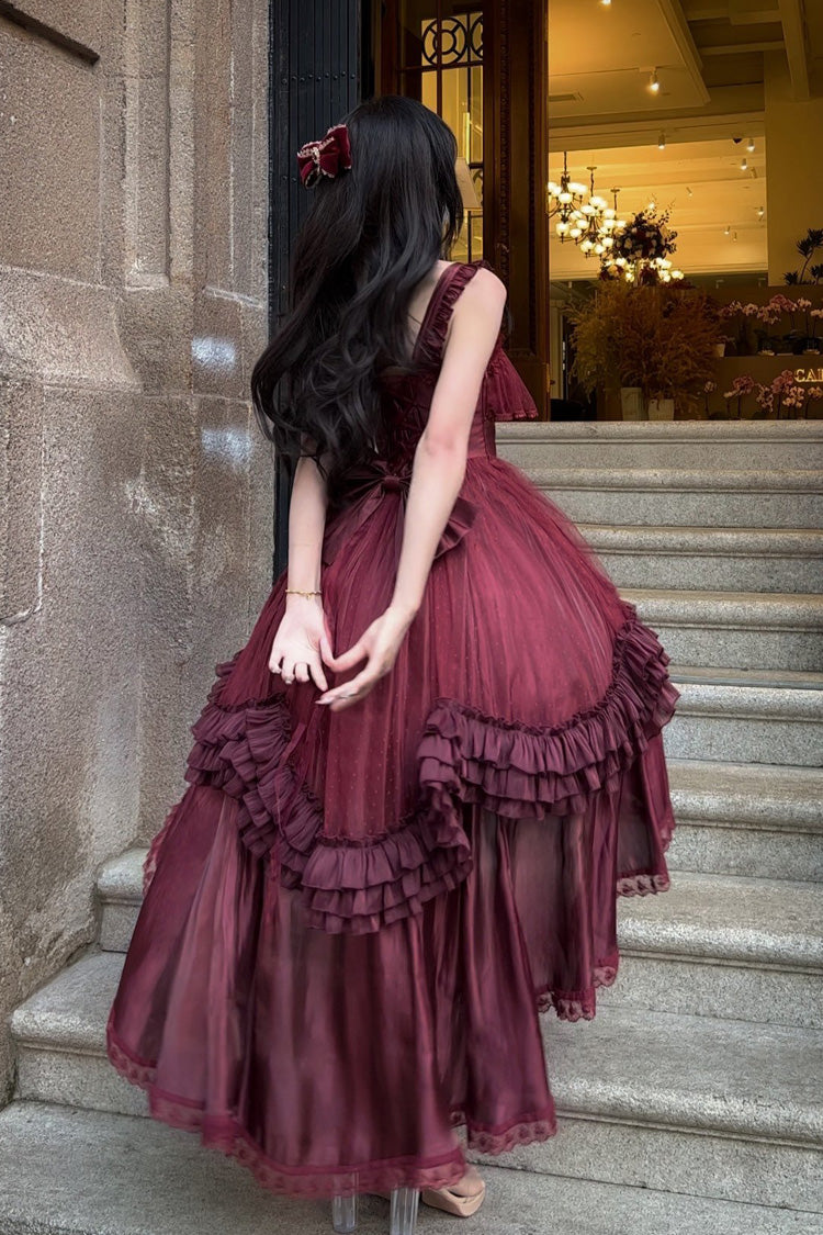 Lolita Jumper Skirt - Square Collar Ruffled Bow, Red, Square Collar, Lace-Up - additional product view 3