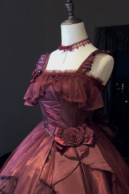 Lolita Jumper Skirt - Square Collar Ruffled Bow, Red, Square Collar, Lace-Up - additional product view 4